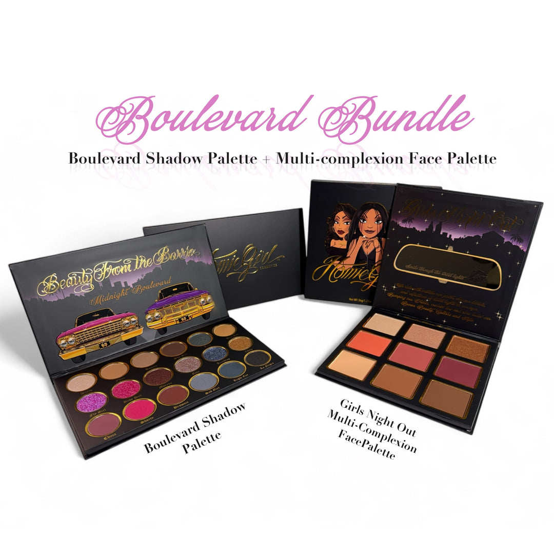 HomieGirl Boulevard Bundle – includes eyeshadow and complexion palettes with bold, collectible packaging inspired by Chicana street culture