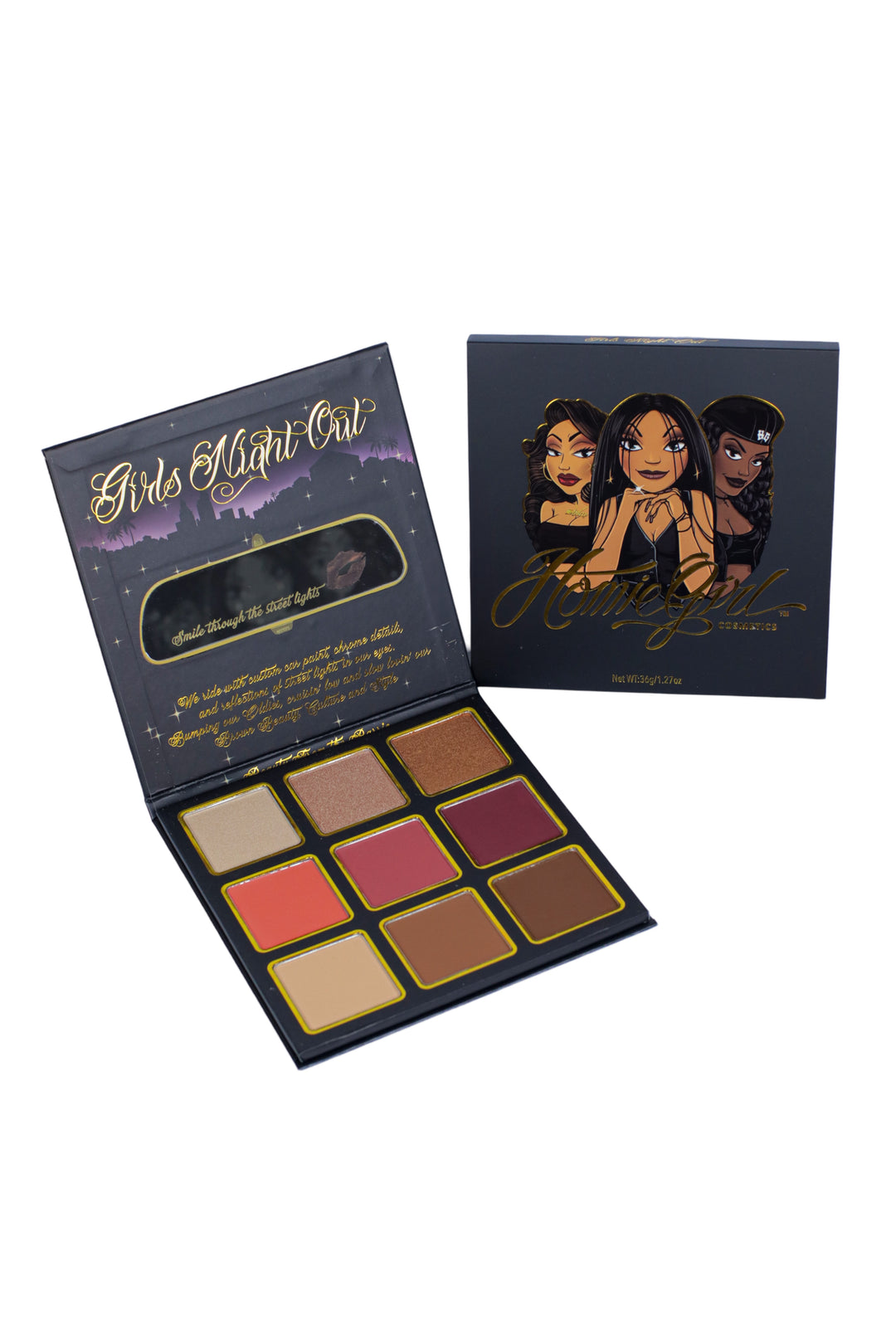 HomieGirl Boulevard Bundle – includes eyeshadow and complexion palettes with bold, collectible packaging inspired by Chicana street culture