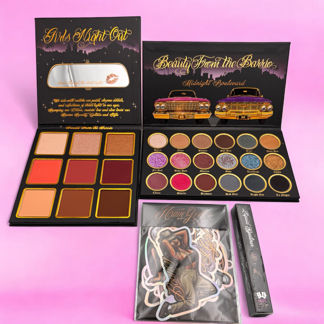 HomieGirl Deluxe Boulevard Bundle featuring bold eyeshadow palette, multi-complexion face palette, eyeliner, stickers inspired by Chicana street style