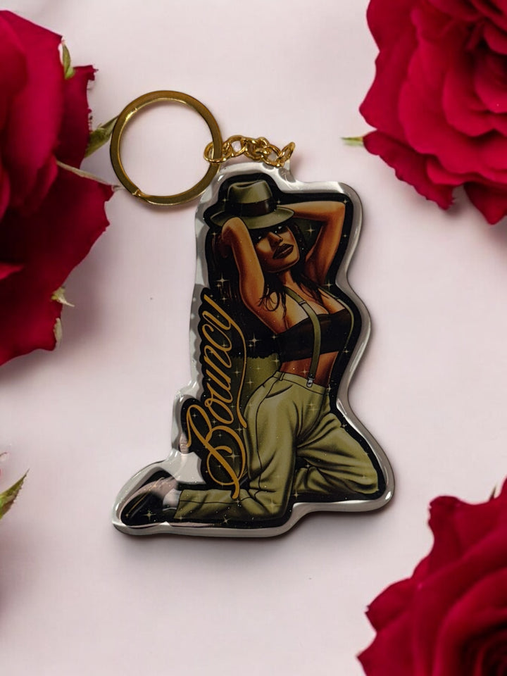 HomieGirl Bouncy OG keychain featuring classic Chicana street-style character in bold, detailed design
