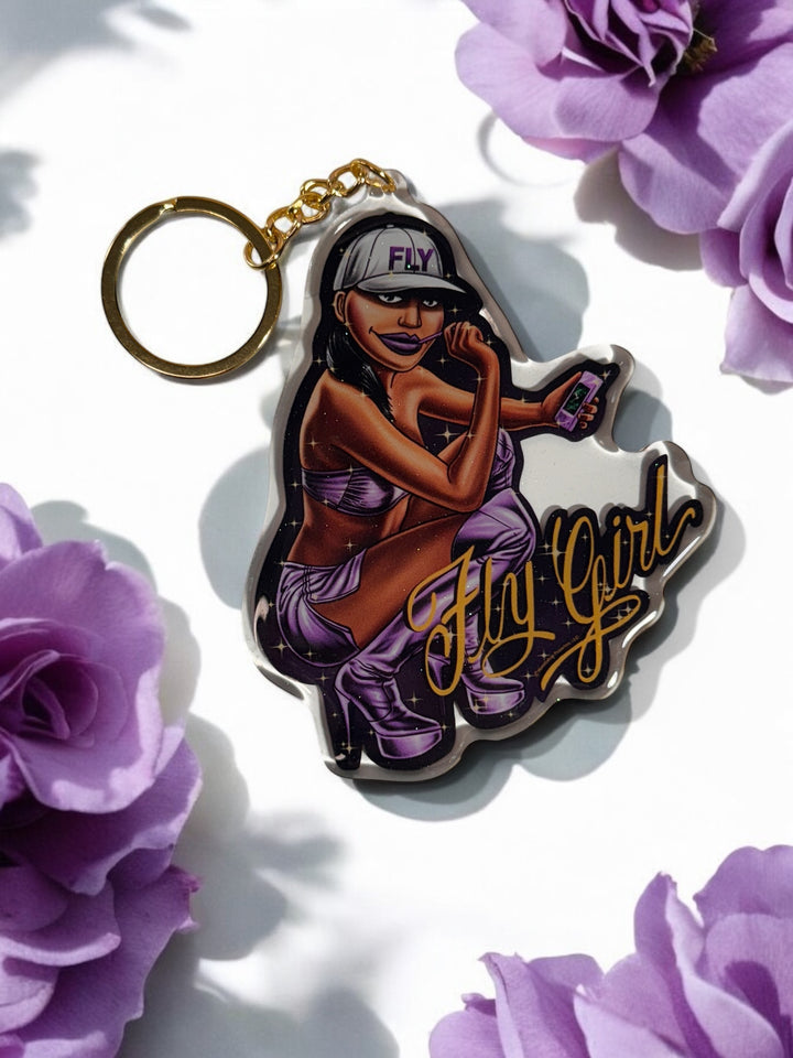 HomieGirl Fly Girl OG keychain featuring classic Chicana street-style character in bold, detailed design