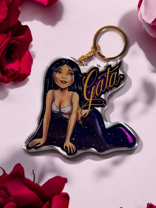 HomieGirl Gata OG keychain featuring classic Chicana street-style character in bold, detailed design”