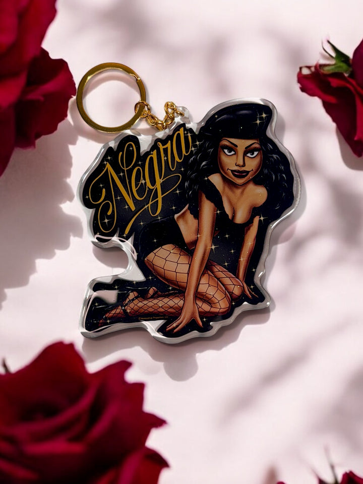 HomieGirl La Negra OG keychain featuring classic Chicana street-style character in bold, detailed design