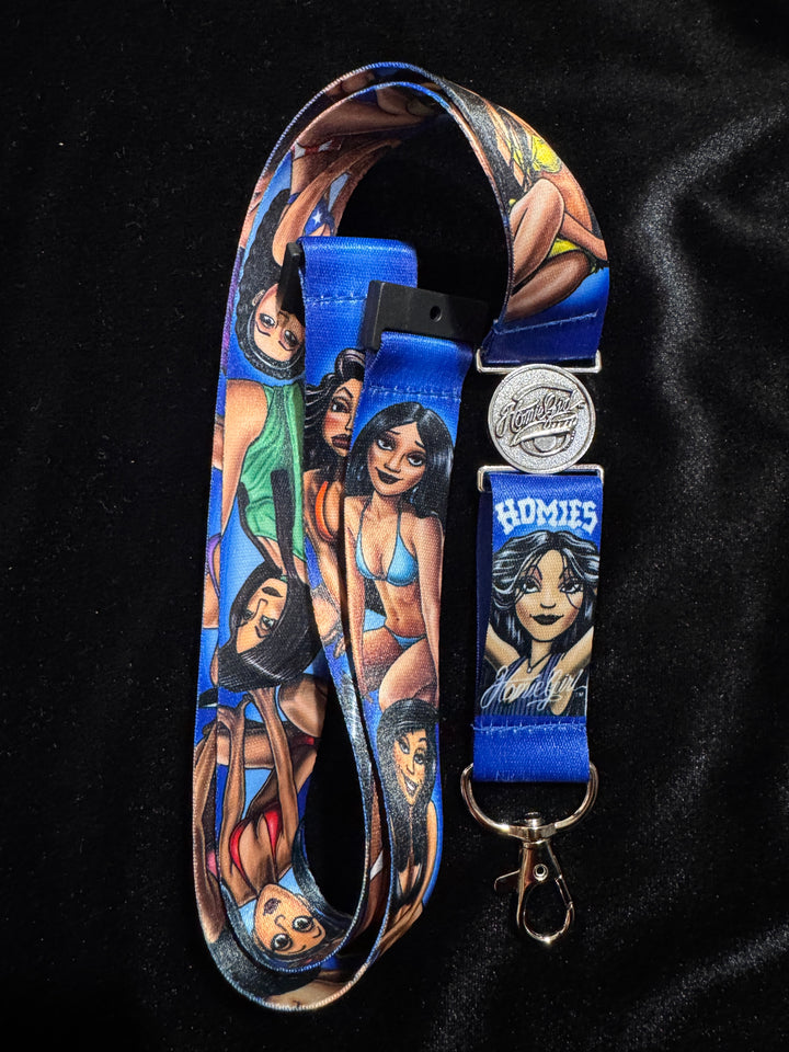 HomieGirl lanyard with bold street-style character print – perfect for keys or badges