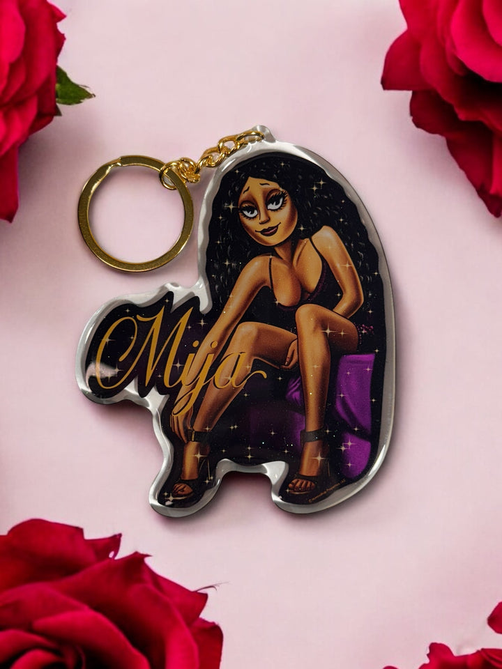 HomieGirl Mija OG keychain featuring classic Chicana street-style character in bold, detailed design