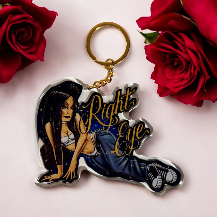 HomieGirl Right Eye OG keychain featuring classic Chicana street-style character in bold, detailed design
