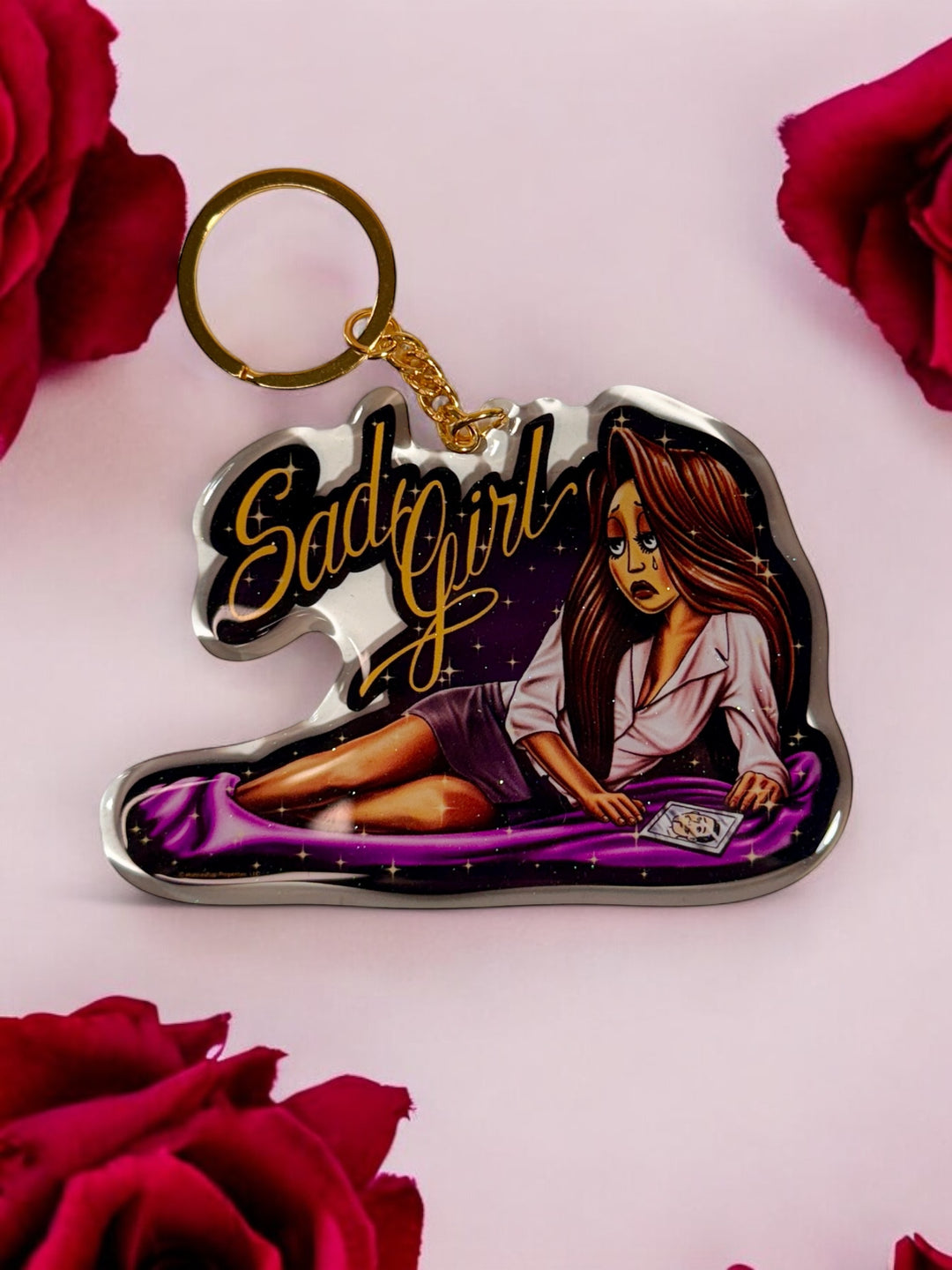 HomieGirl Sad Girl OG keychain featuring classic Chicana street-style character in bold, detailed design