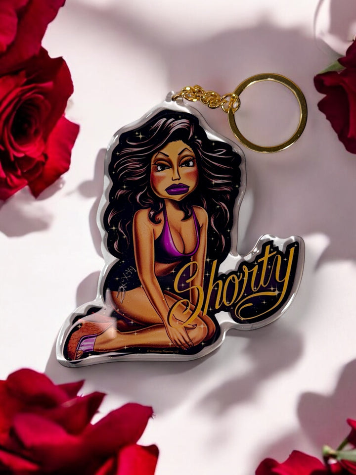 HomieGirl ShortyOG keychain featuring classic Chicana street-style character in bold, detailed design
