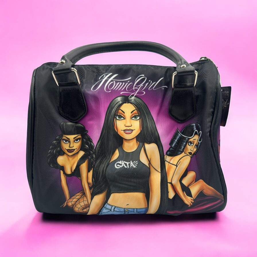 A black faux leather handbag featuring Homies characters, latina-inspired collectible purse with HomieGirl art in 90s chola style

