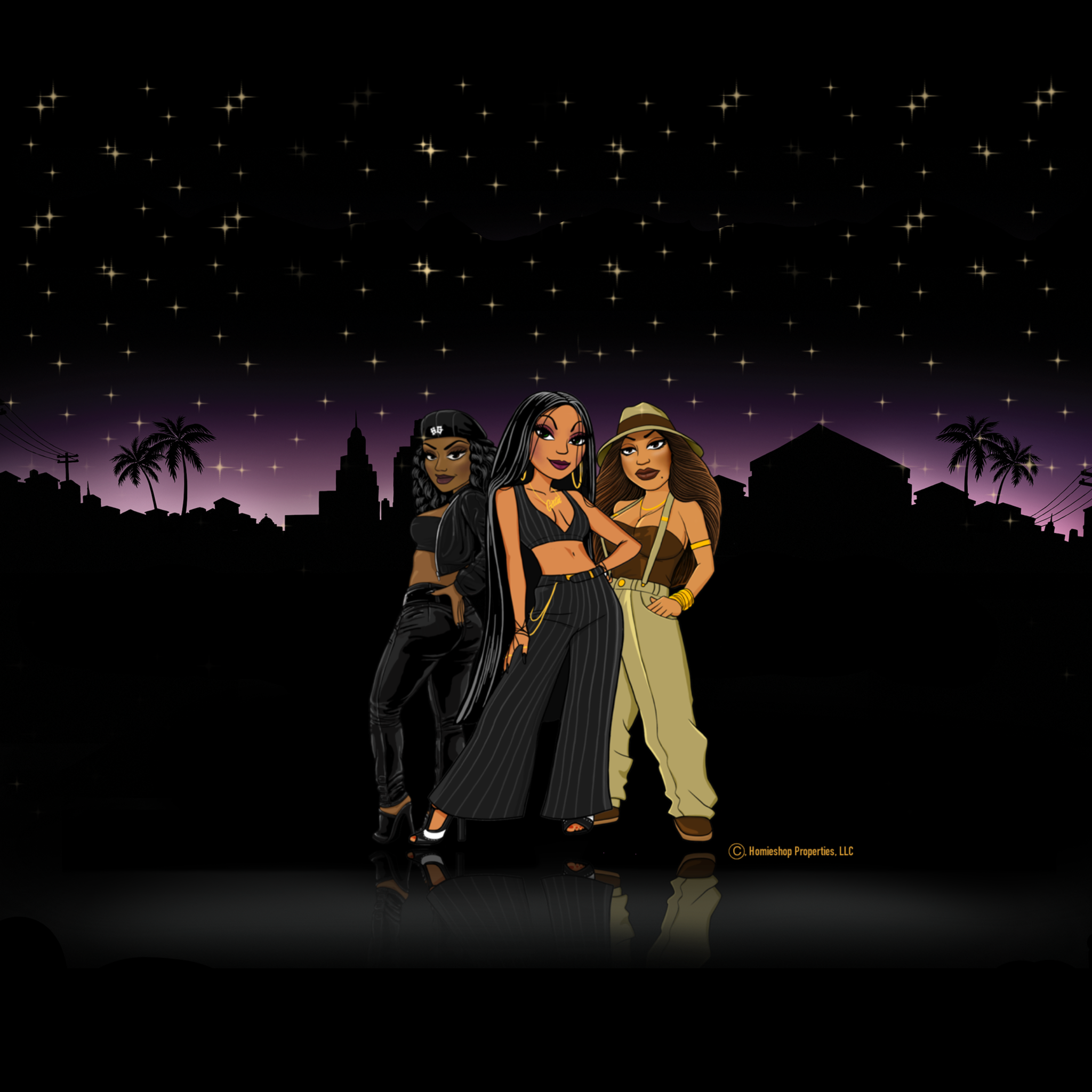 HomieGirl banner featuring three illustrated Chicana characters posed with bold attitude and vibrant street-style artwork