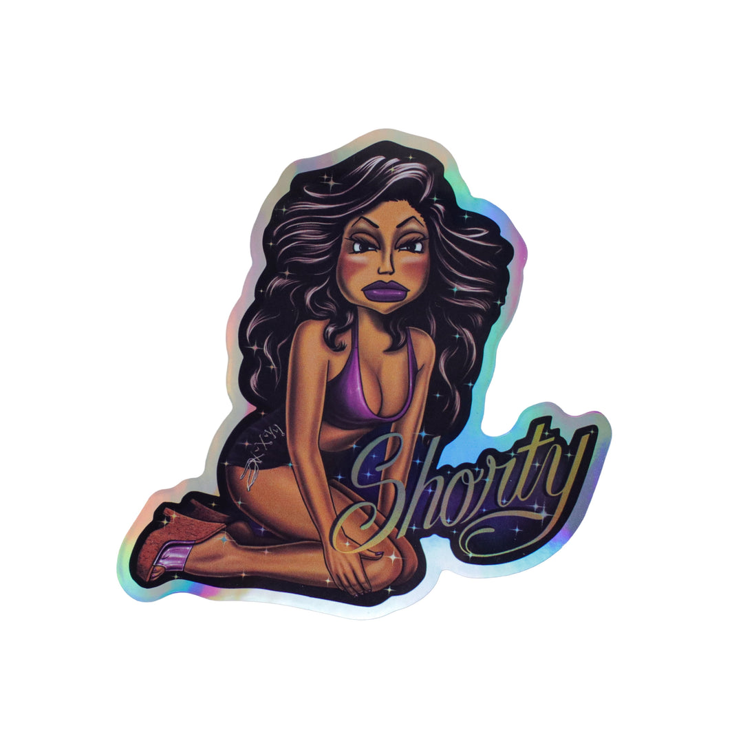 Shorty character sticker featuring classic 90s Chicana street style, with baggy pants, hoops, and attitude – Old School HomieGirl collectible